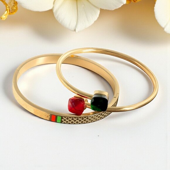 🆕 2-Piece Gold Plated Stainless Steel Cuff & Bangle Set With Rhinestone Charms - Picture 6 of 14